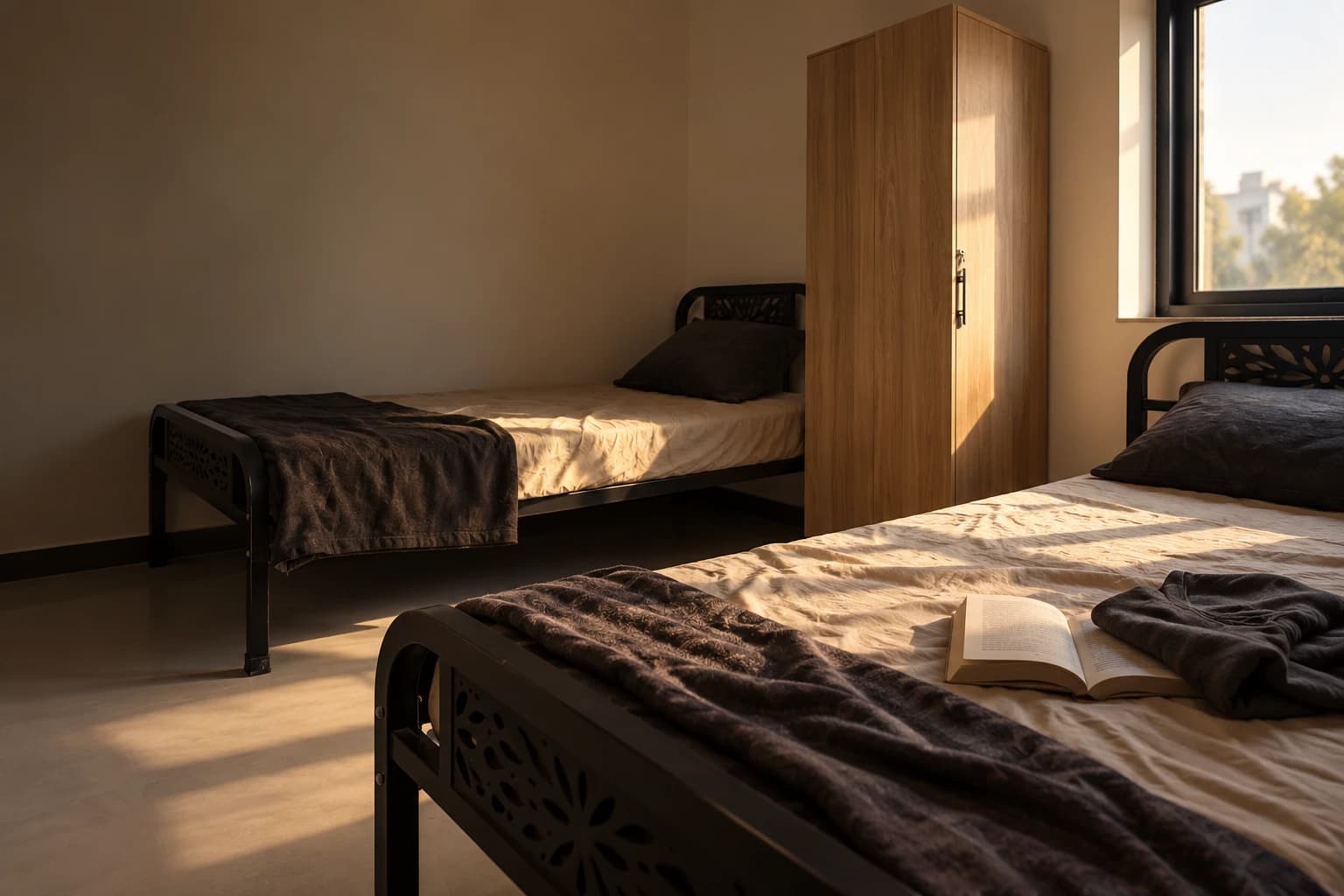 Twin-sharing room with two black metal beds, a wood wardrobe and warm morning light